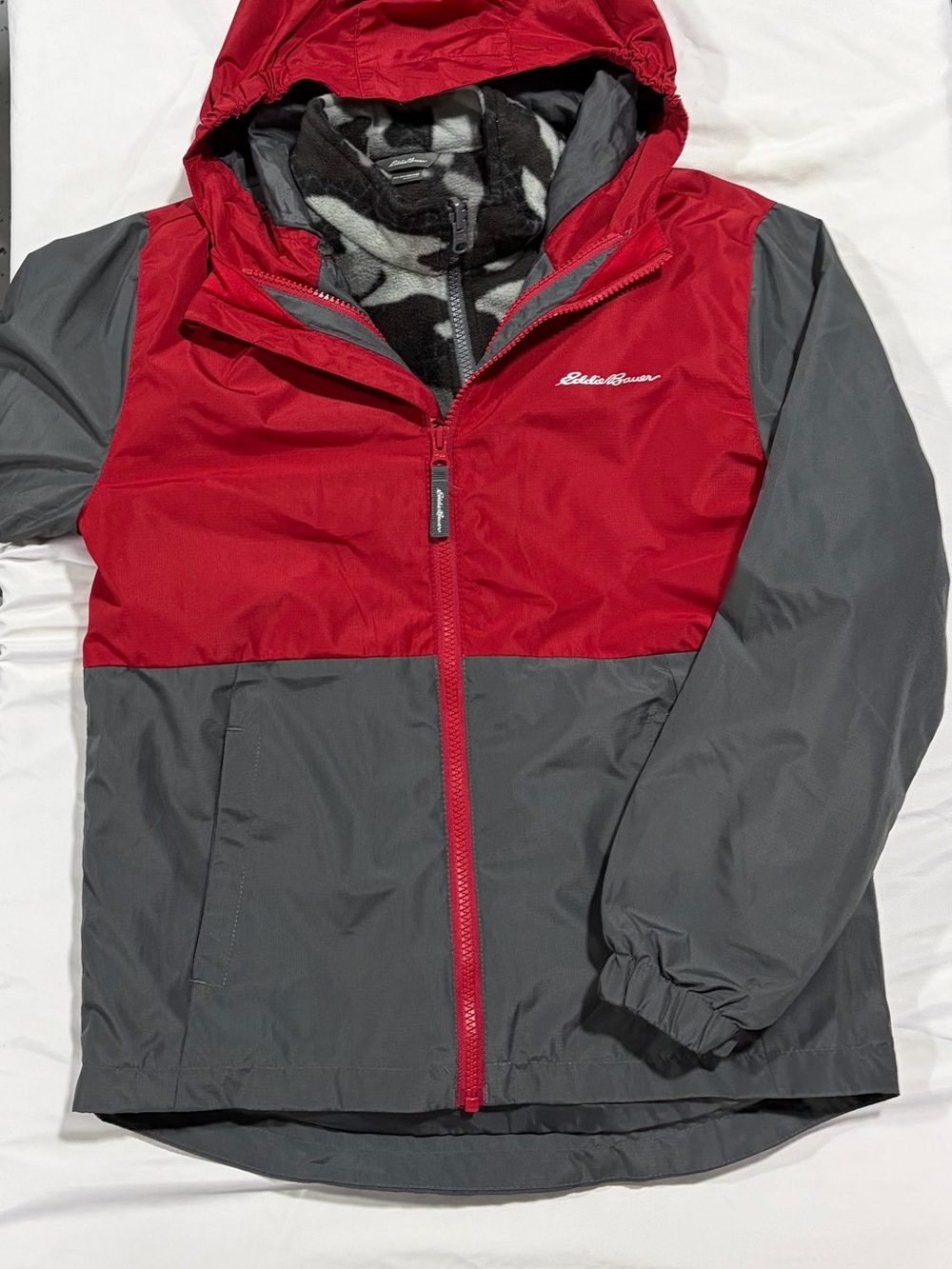 Eddie Bauer Red and Gray Kids Hooded Raincoat